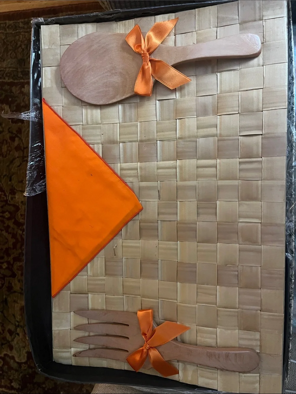 Orange Ribbon Wooden Utensil and Napkin Set with Bamboo placemat